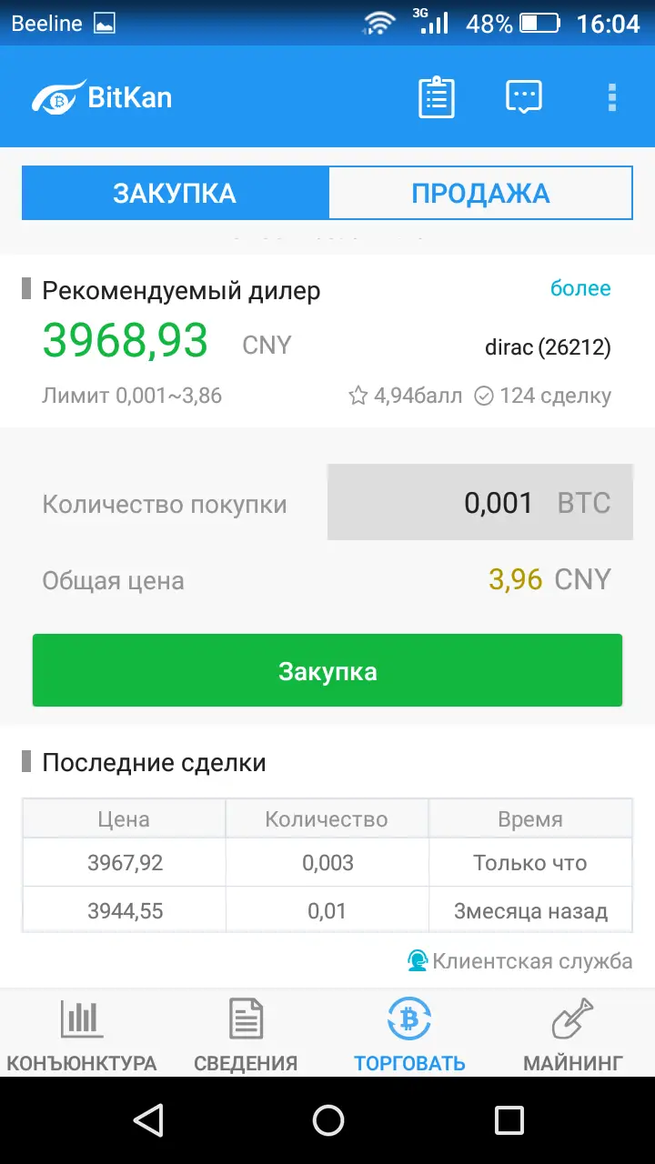 Торговля BTC/CNY 1